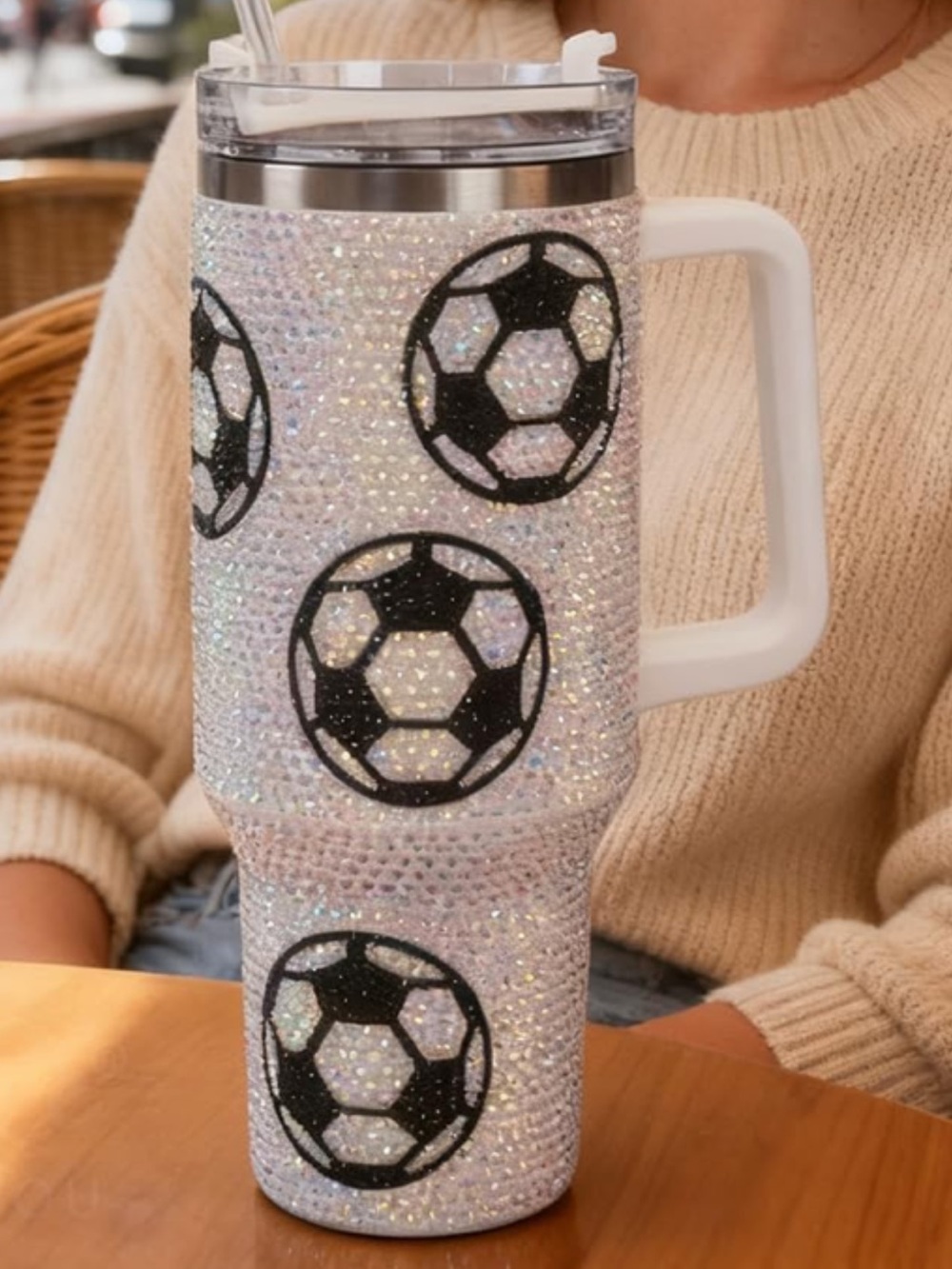 Sparkle Soccer Travel Tumbler - White Handle